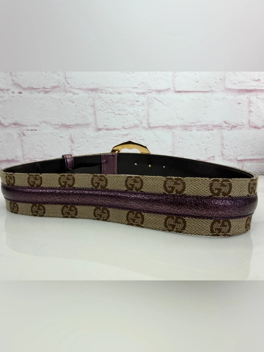 Gucci Vintage Bamboo GG Canvas Leather Waist Metallic Purple Belt 75/30